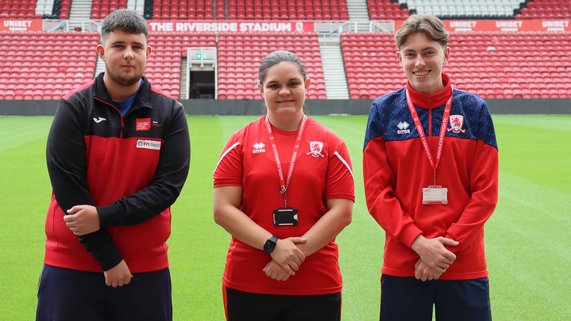 MFC Foundation staff pose at the Riverside Stadium after being accepted onto the FALA programme