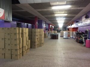 Boxes of crisps donated by Greggs are stored at Middlesbrough F C's Riverside Stadium