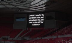 Prayer on the big screen at the Riverside ahead of the call to prayer inside the stadium