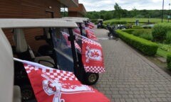 Golf buggies bedecked with Boro flags ahead of Middlesbrough FC Foundation's Annual Golf Day 2024, kindly sponsored by Mandale Group.